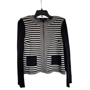 ST. JOHN Wool/Rayon Knit Cardigan 6 Grey Black Stripe Zip Crewneck READ Damage